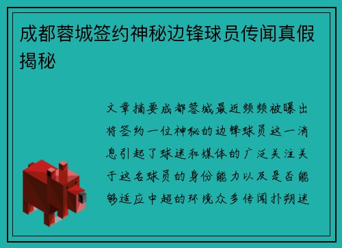 成都蓉城签约神秘边锋球员传闻真假揭秘