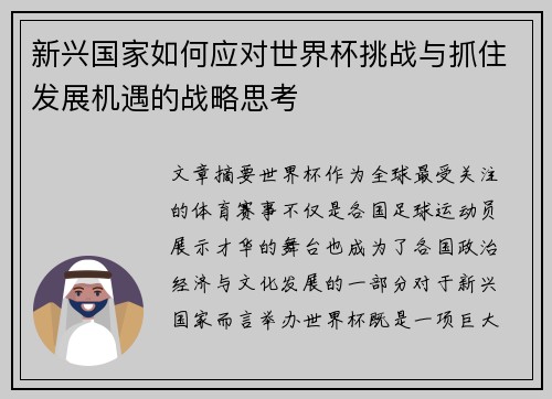 新兴国家如何应对世界杯挑战与抓住发展机遇的战略思考