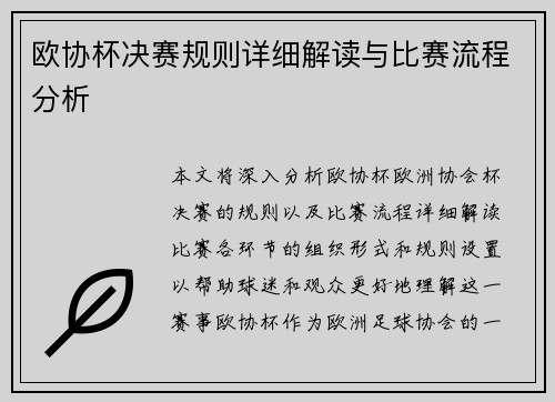 欧协杯决赛规则详细解读与比赛流程分析