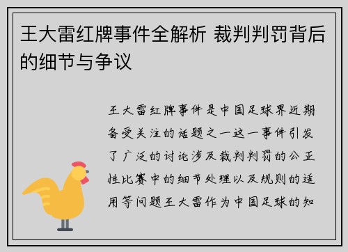 王大雷红牌事件全解析 裁判判罚背后的细节与争议 王大雷红牌事件全解析 裁判判罚背后的细节与争议