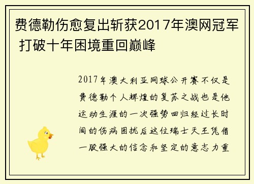 费德勒伤愈复出斩获2017年澳网冠军 打破十年困境重回巅峰 费德勒伤愈复出斩获2017年澳网冠军 打破十年困境重回巅峰